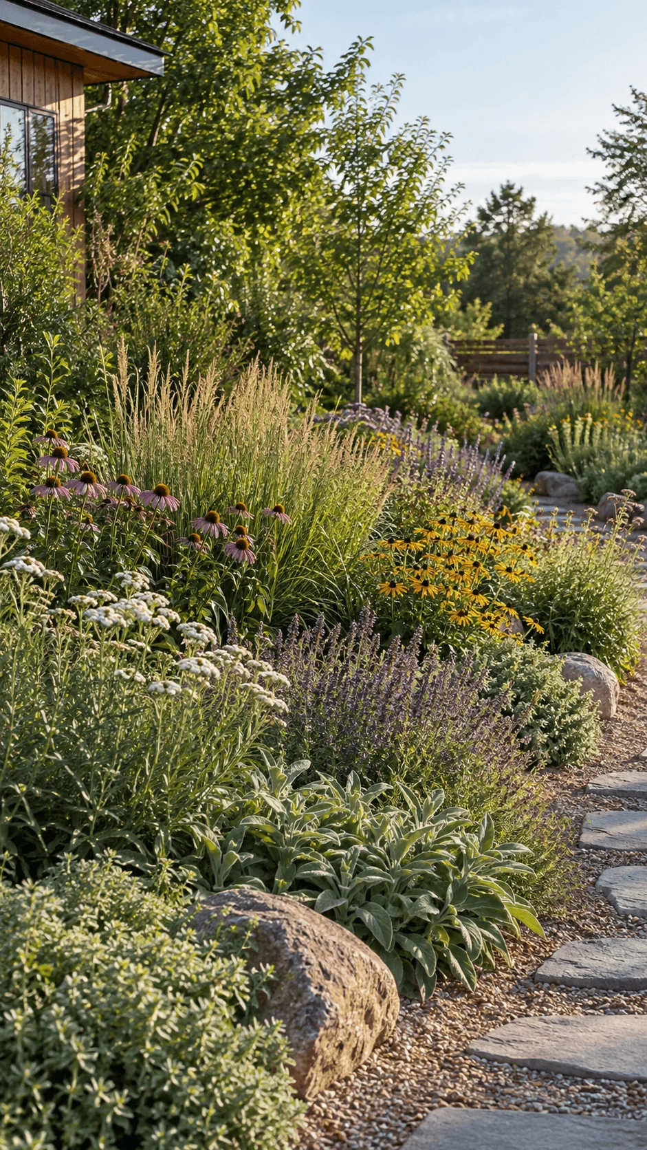 Climate resilient native plant matrix with colorful wildflowers, ornamental grasses, drought tolerant foliage, natural rocks and a stone garden pathway
