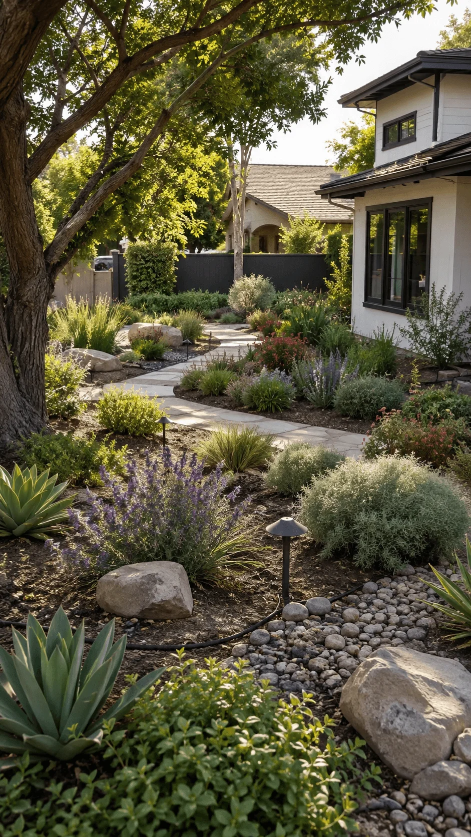 Climate resilient smart front garden with drought tolerant plants natural rocks efficient drip irrigation and a shaded pathway beside a modern house