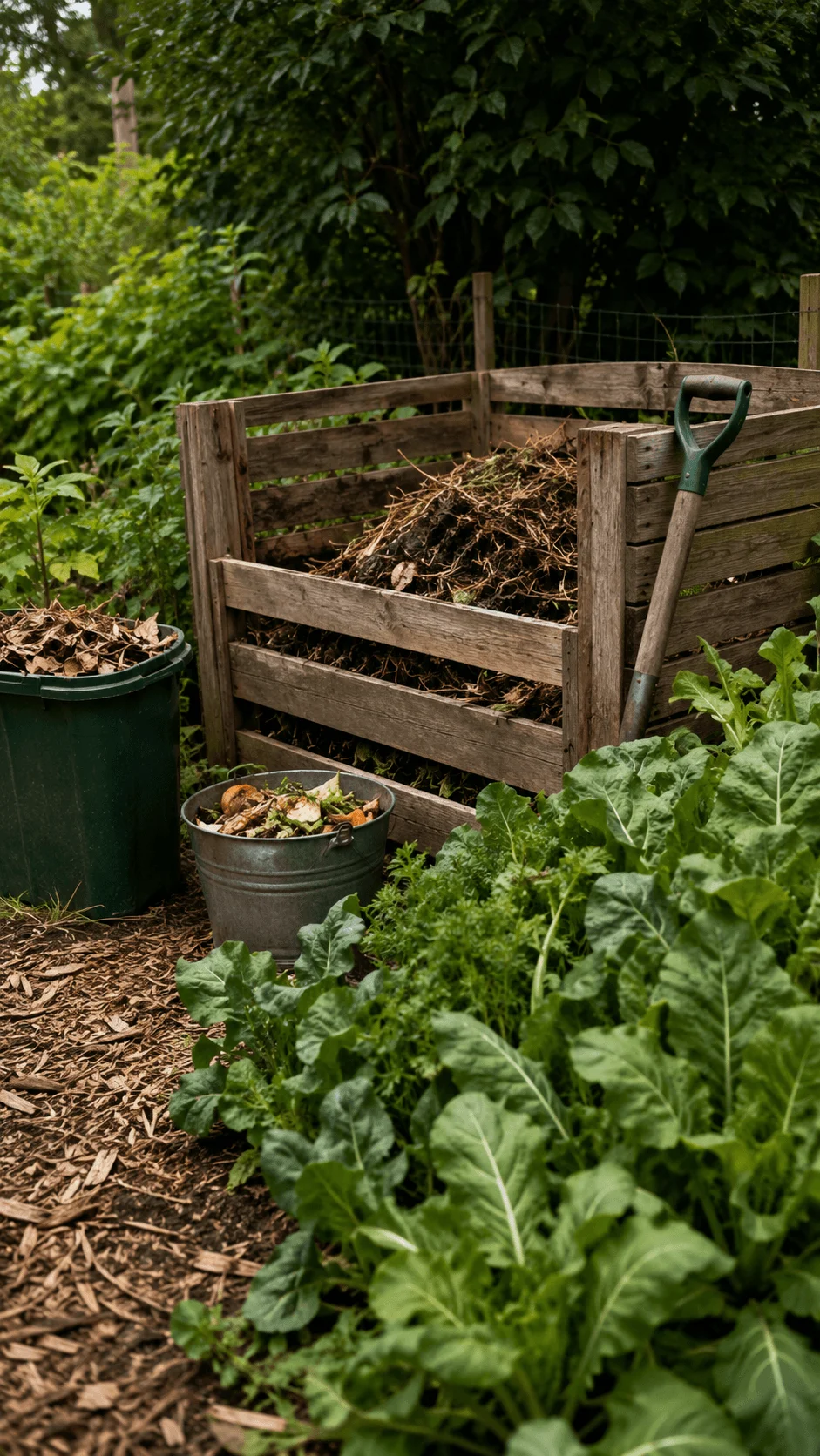 Closed loop compost garden with wooden compost bin kitchen scraps fallen leaves mulch and lush edible plants
