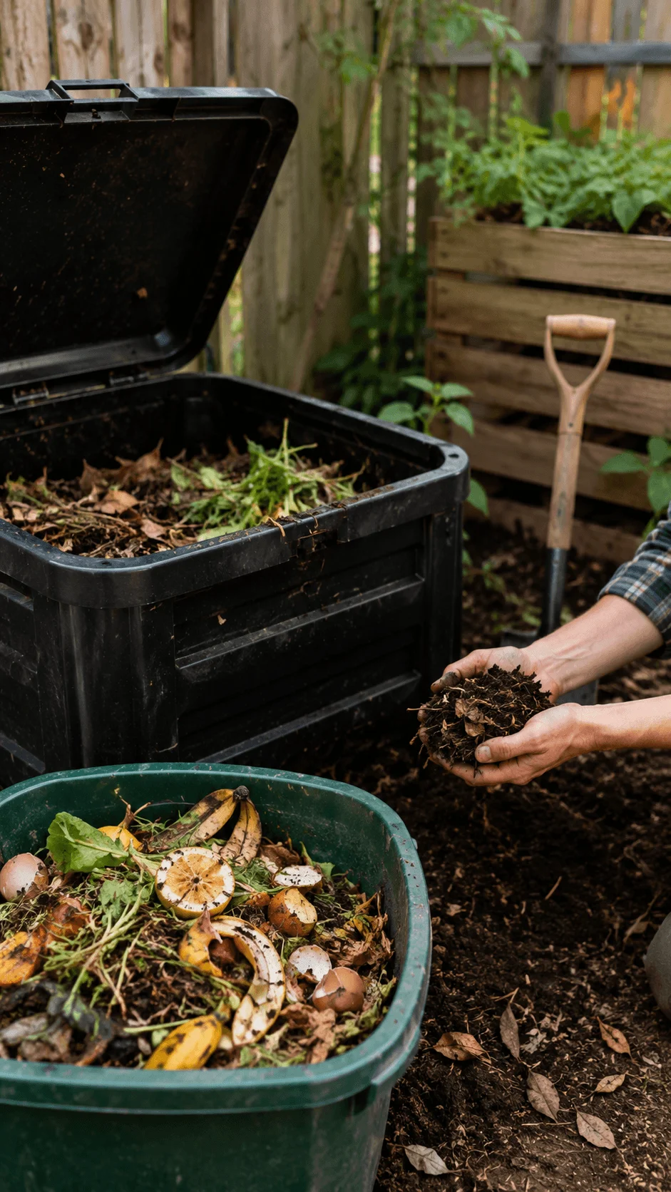 Home compost system with food scraps garden waste finished compost and compost bins for healthier garden soil