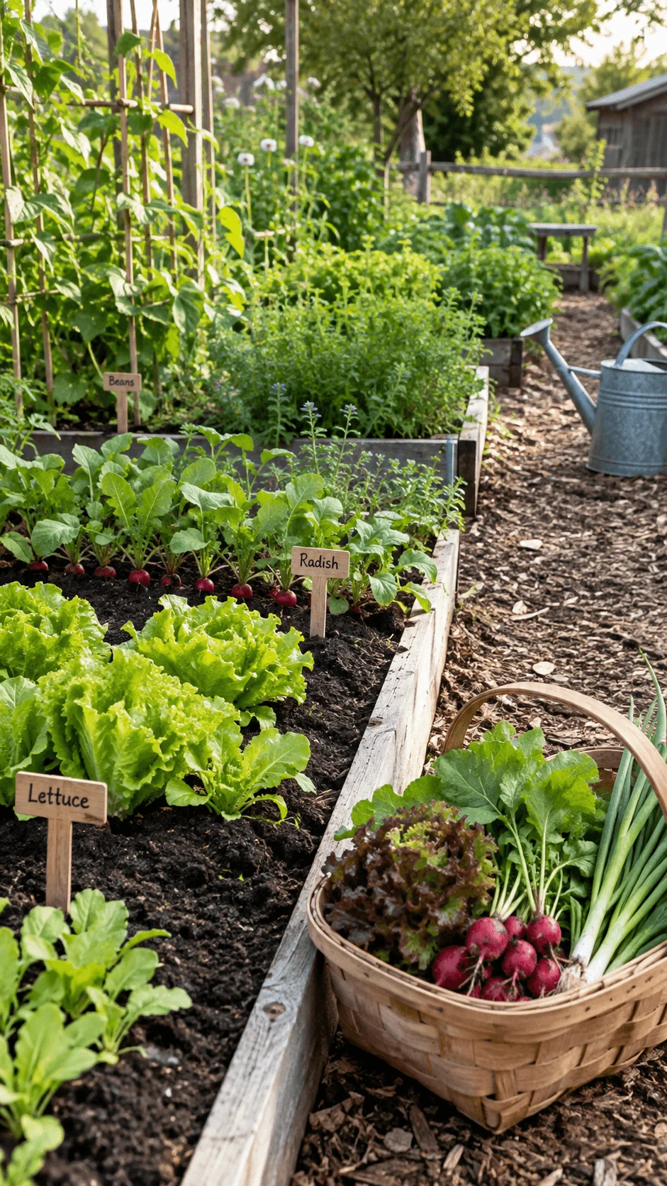 Continuous harvest vegetable garden with raised beds of lettuce, radishes, beans, herbs, and fresh vegetables collected in a woven basket