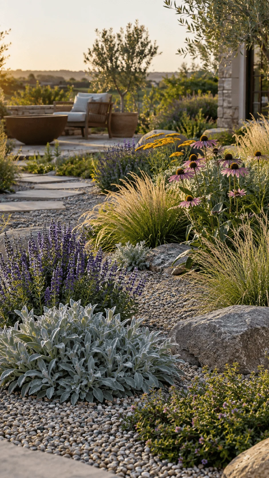 Drought tolerant flower and gravel garden with purple coneflowers blue salvia ornamental grasses silver foliage natural rocks and a curved stone path