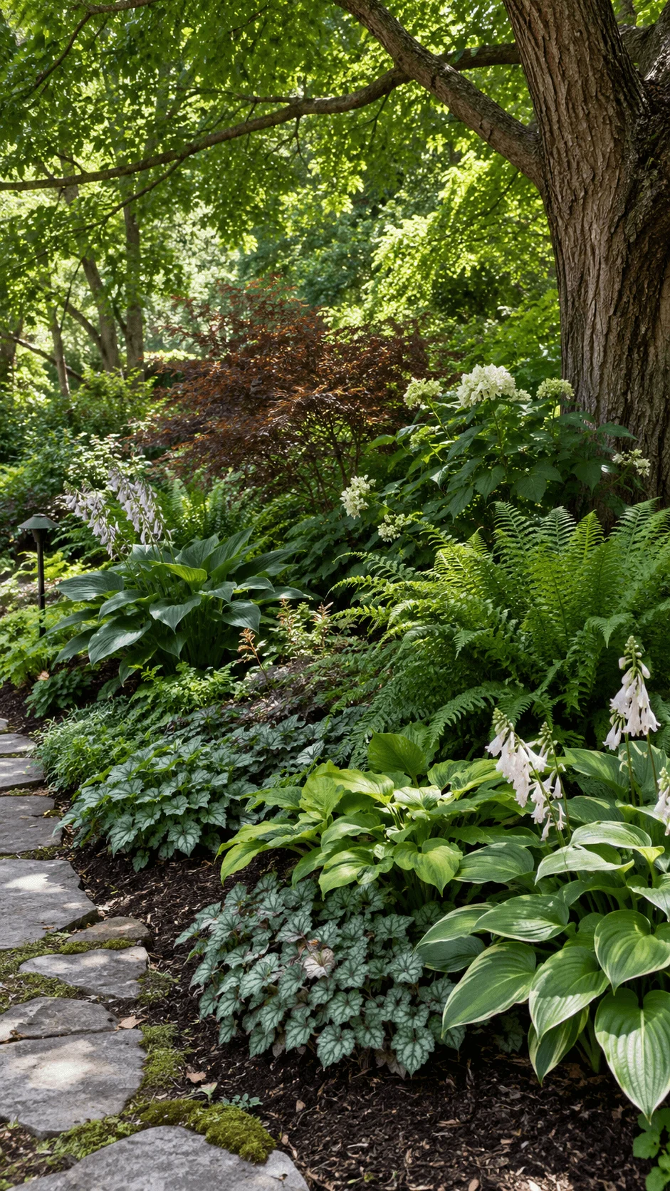 Layered woodland understory beneath mature trees with hostas ferns flowering shade plants groundcovers and a natural stone path