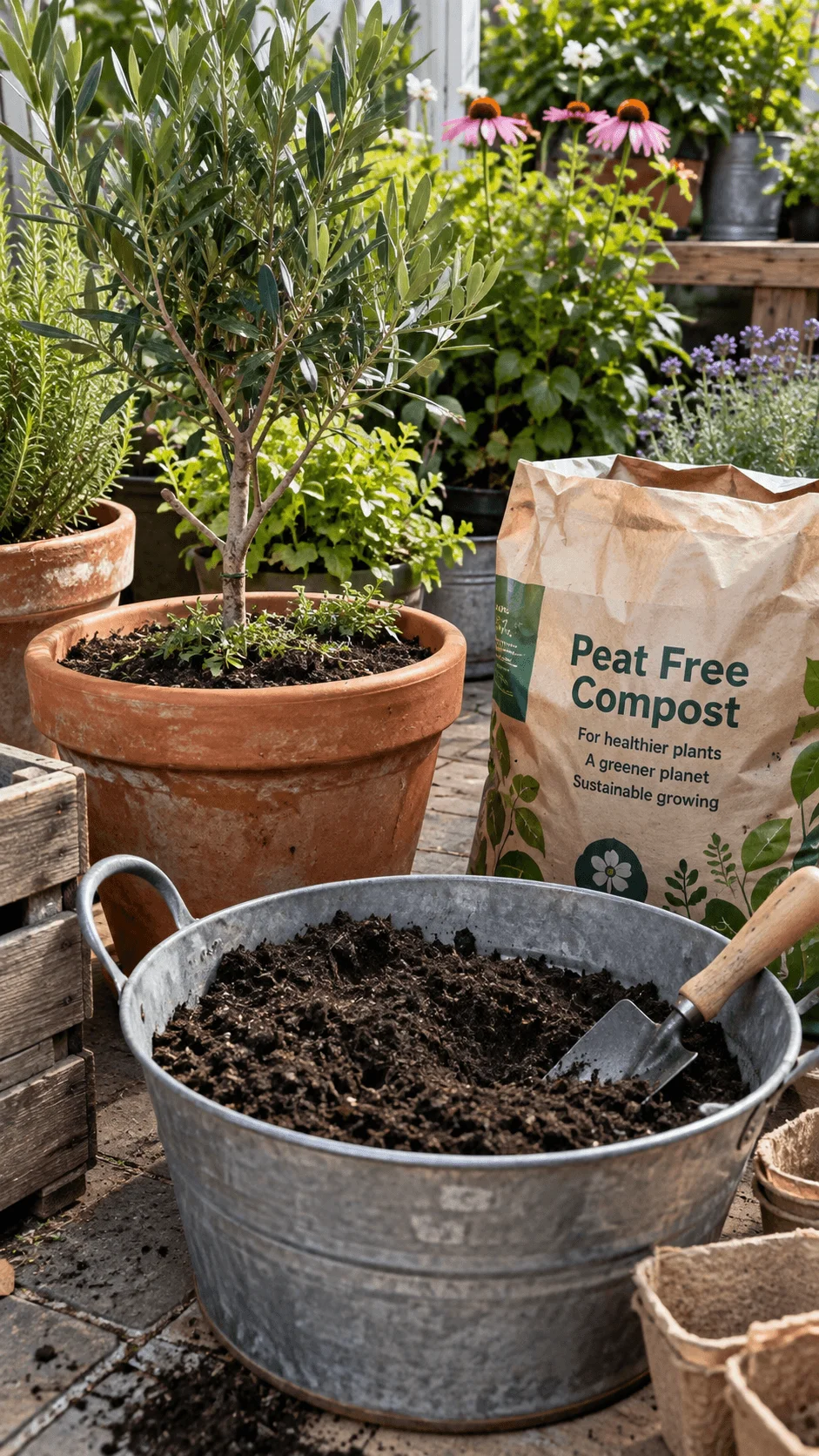 Low carbon container garden with peat free compost olive tree herbs flowers and soil preparation in a sunny outdoor garden
