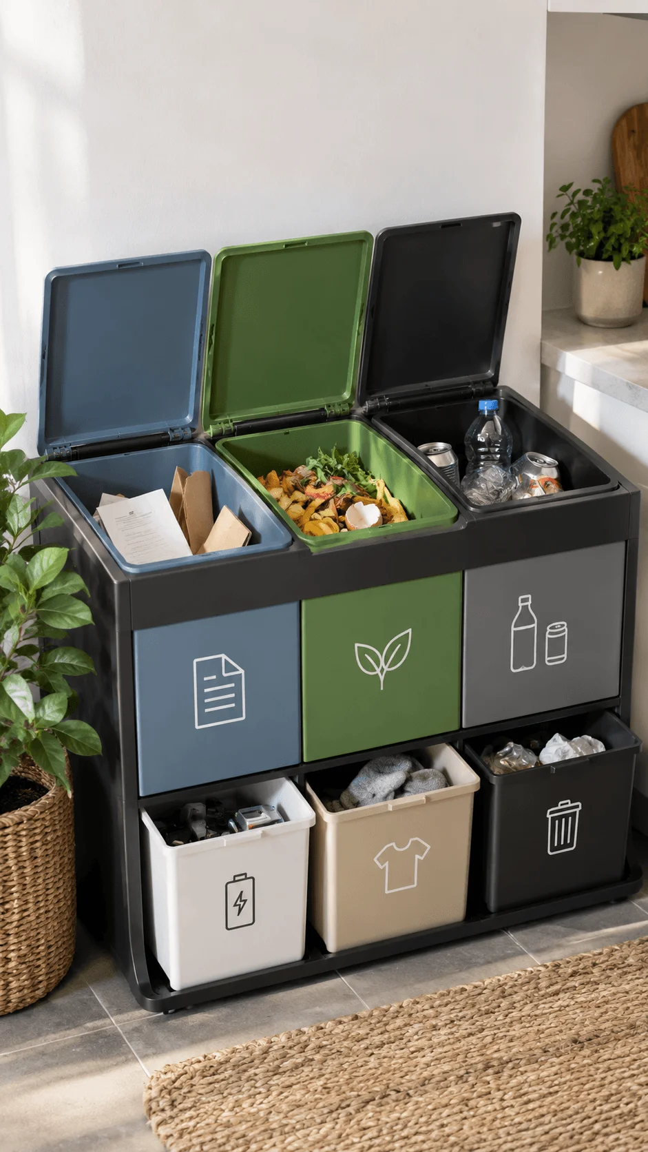 Modular multi compartment waste sorting bin with separate sections for paper food scraps bottles cans batteries textiles and general waste in a modern home