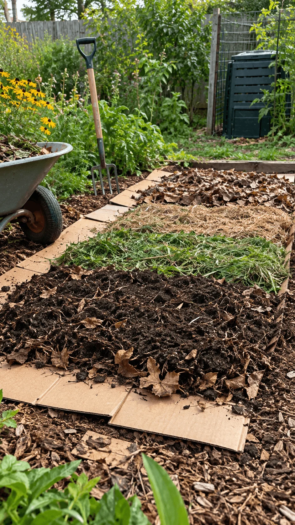 No dig garden bed built with cardboard, compost, grass clippings, and fallen leaves using free natural materials in a backyard