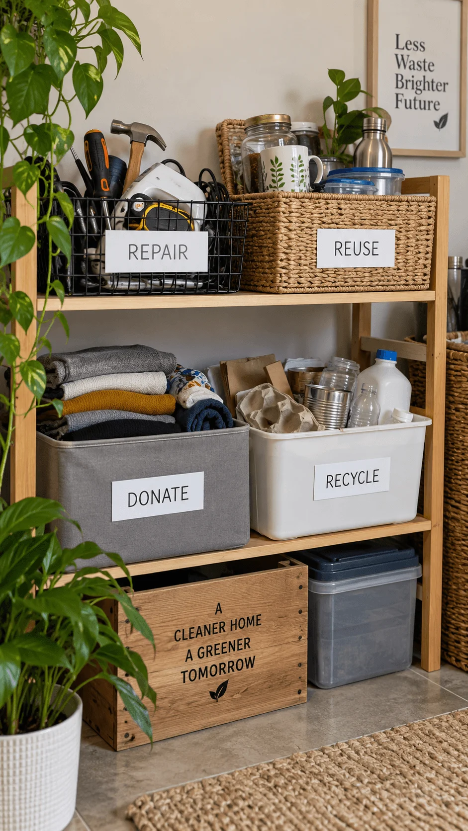 Repair reuse and recycle decision station with labeled baskets for repairing reusable items donating clothes and sorting recyclable household materials.
