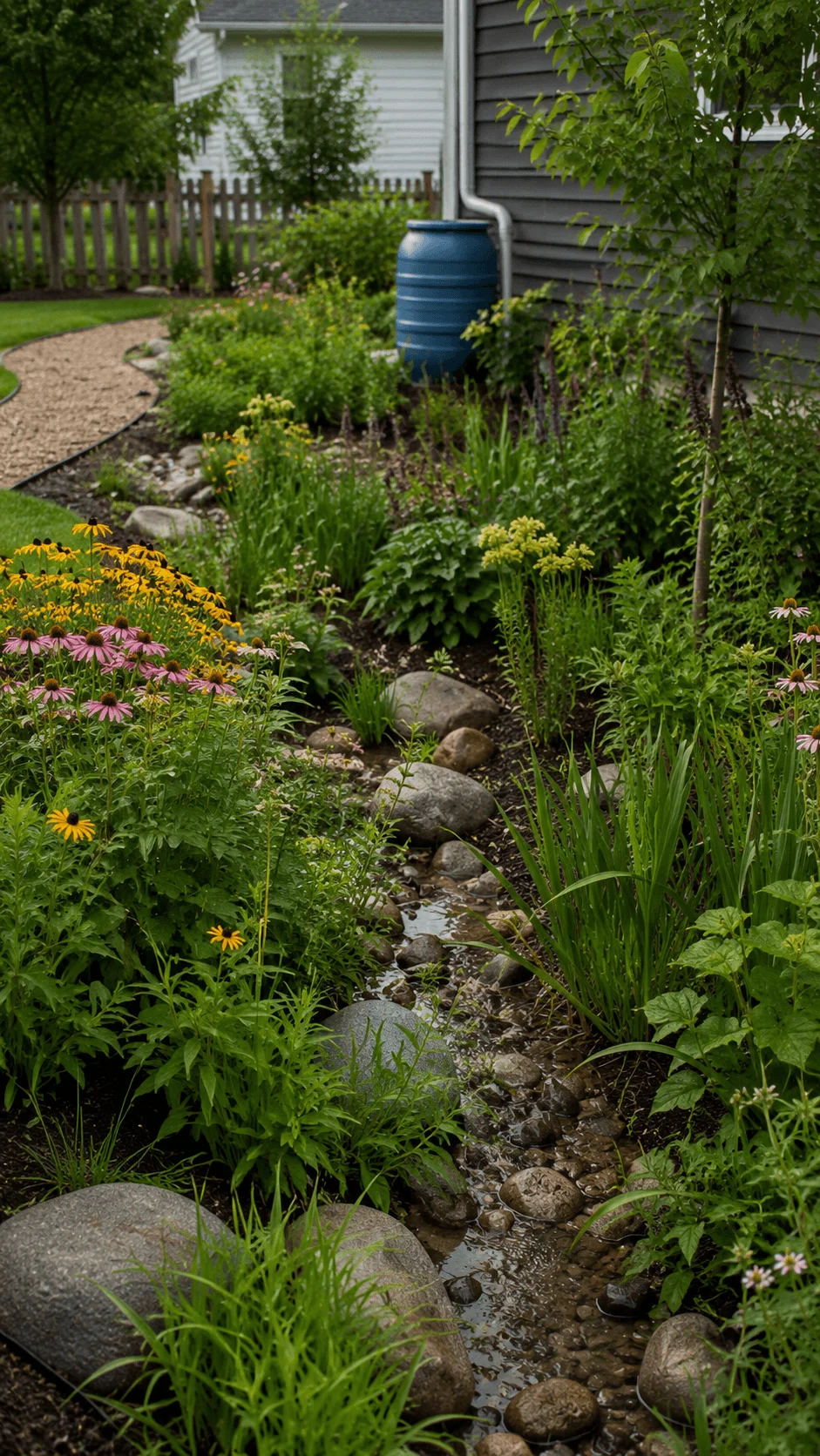 Small rain garden with native flowering plants rocks shallow water channel and a rain barrel beside a home