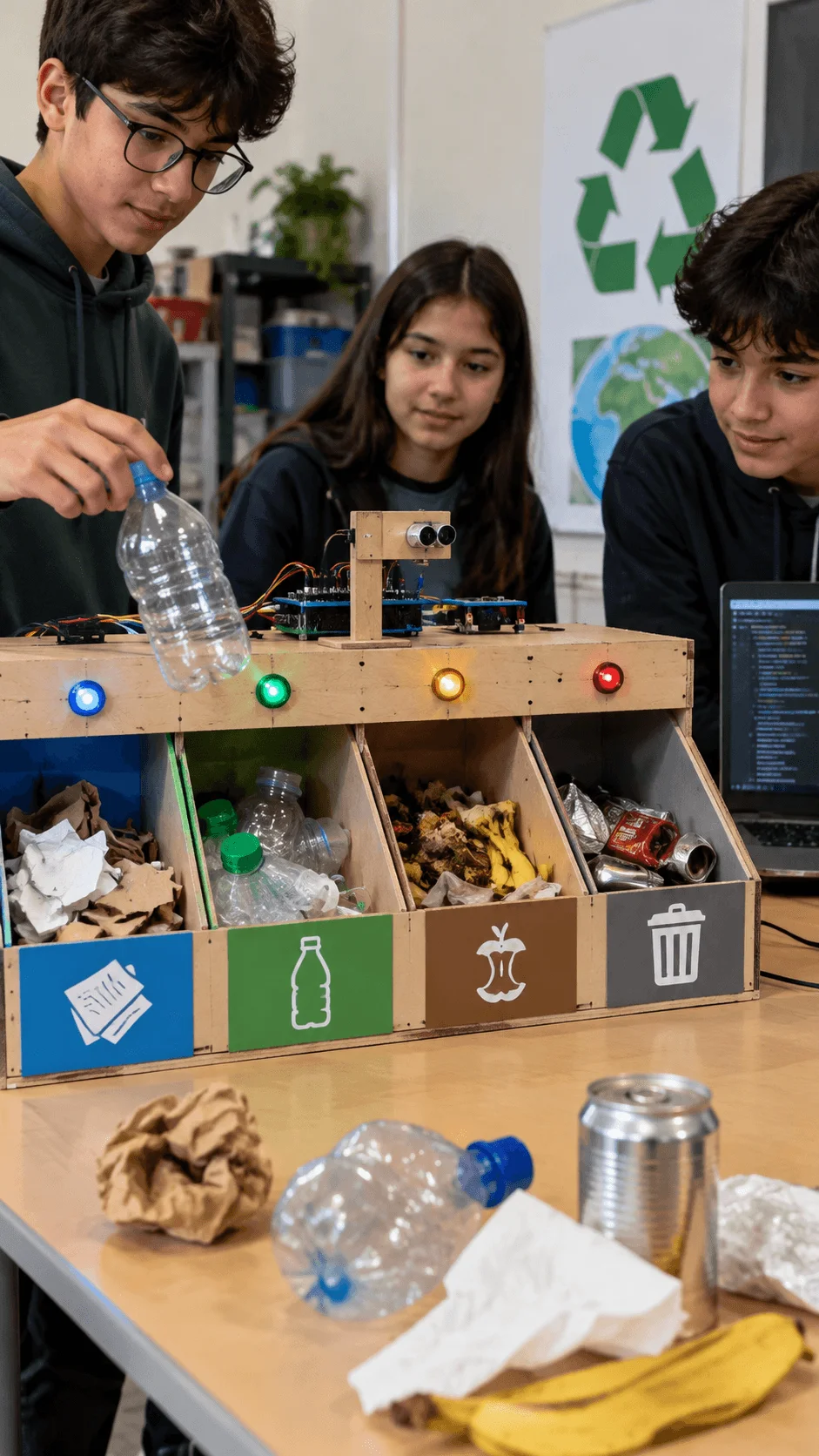 Students building and testing a smart waste sorting STEM project with sensors electronics and separate compartments for paper plastic food waste and general waste