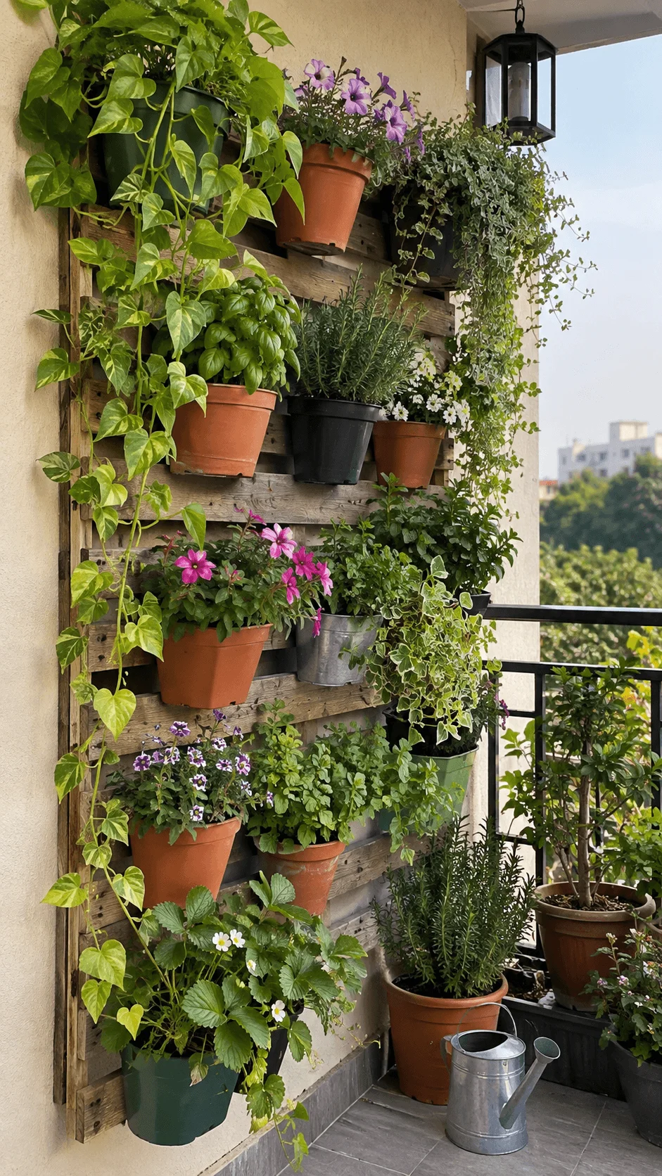 Sustainable vertical pot garden with herbs flowers strawberries and trailing plants arranged on a wooden wall planter on a small sunny balcony