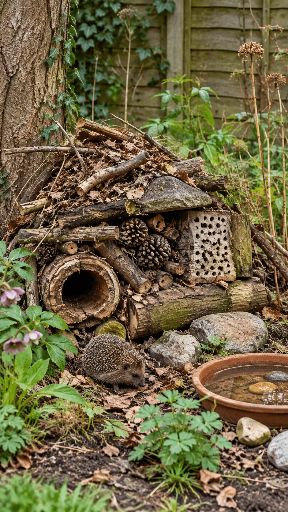 Tiny wildlife habitat made from logs, branches, pinecones, stones, leaves, and natural garden waste with a hedgehog and shallow water dish