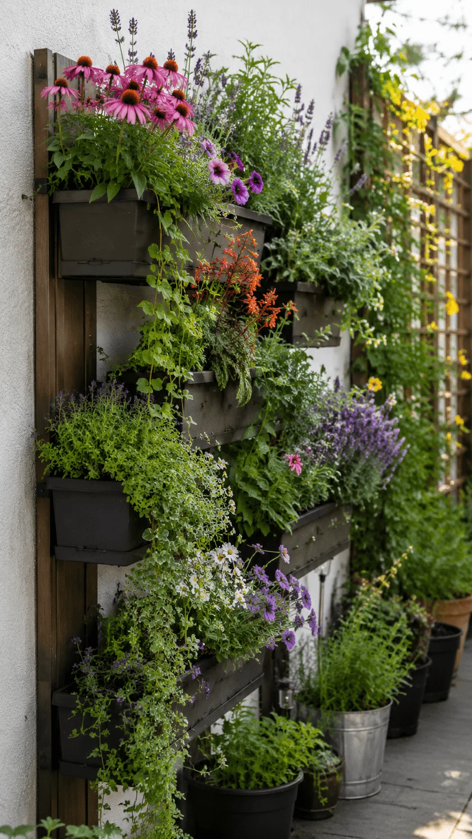 Vertical pollinator garden with colorful coneflowers, lavender, trailing greenery and flowering plants arranged in wall mounted planters for a small space garden