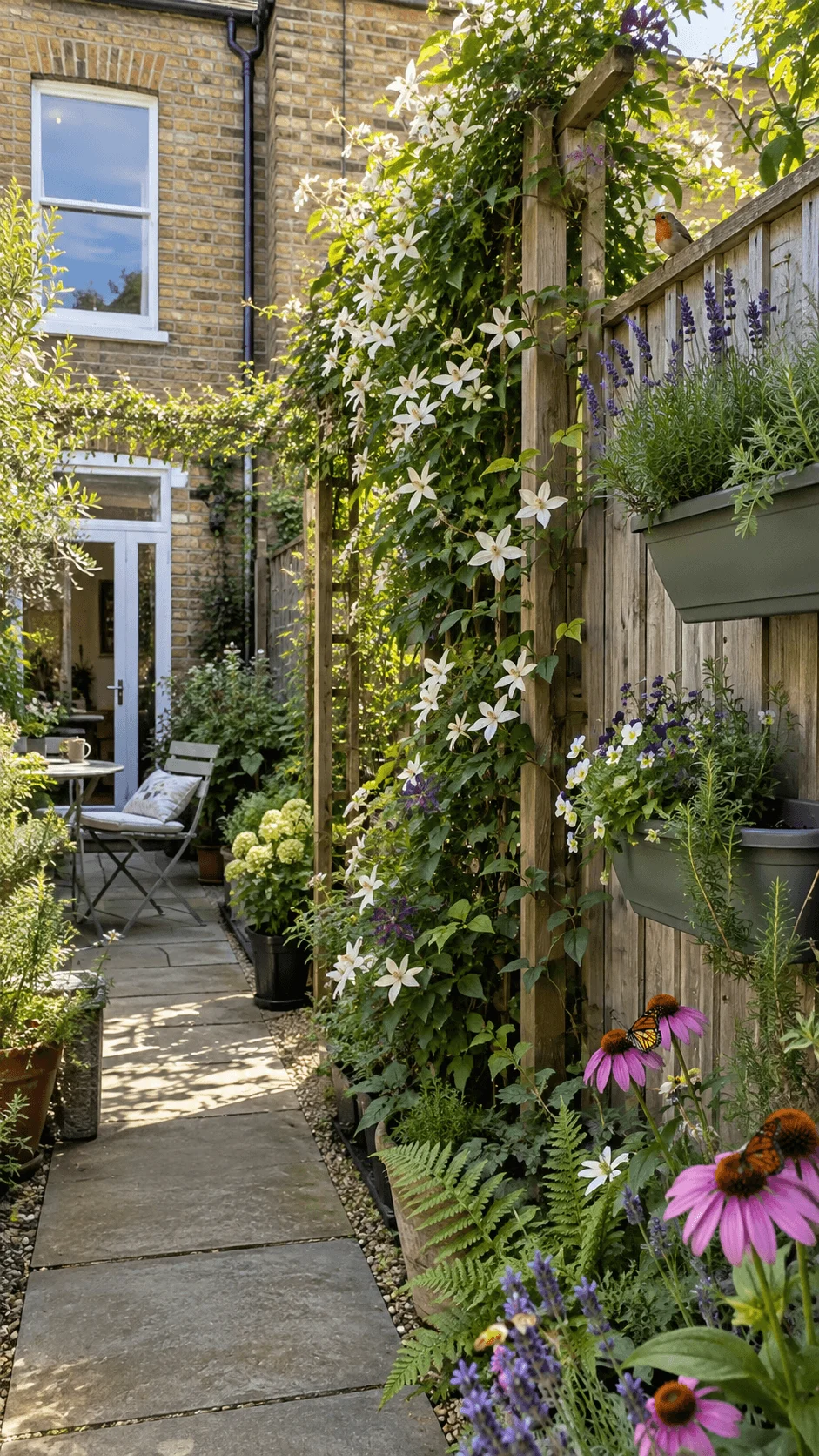 Vertical wildlife garden in a narrow terraced house garden with flowering climbers wall planters lavender coneflowers ferns butterflies and a robin