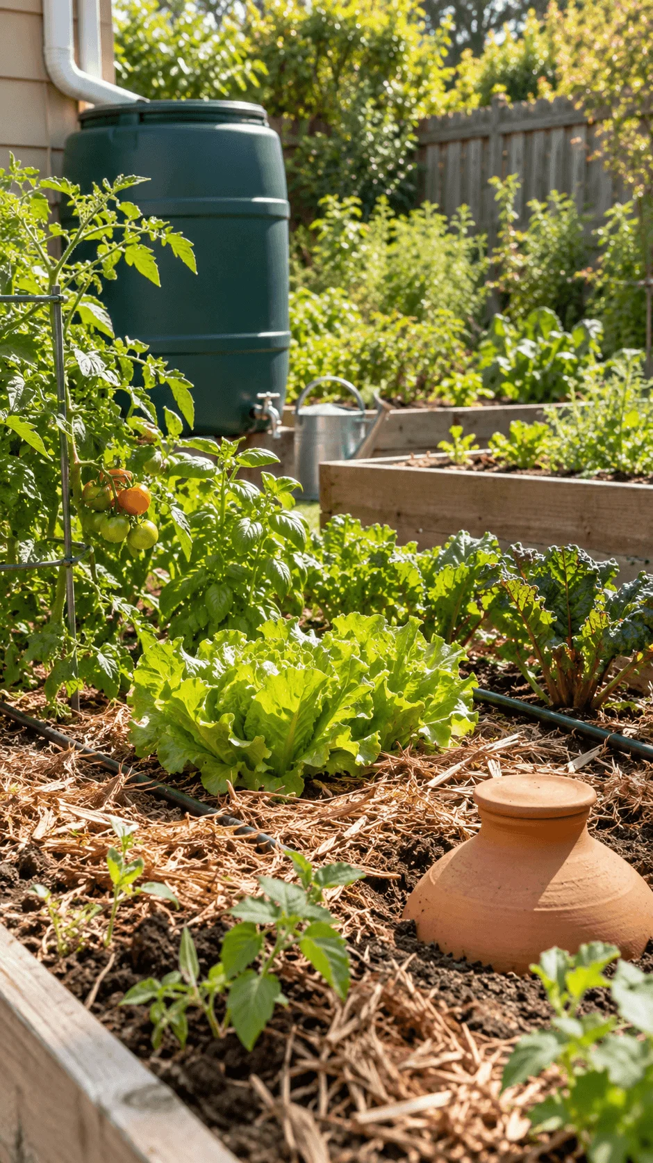 Water saving vegetable garden with raised beds, lettuce, tomatoes, leafy greens, straw mulch, drip irrigation, rain barrel, watering can, and clay olla