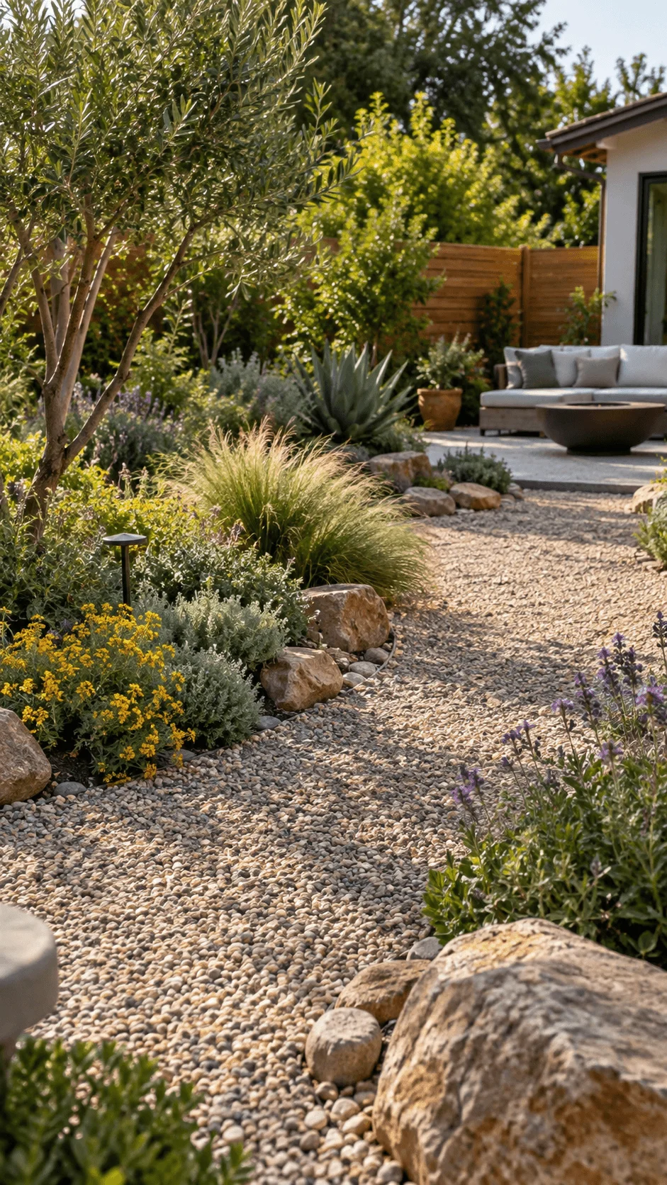 Water wise gravel garden without a lawn featuring drought tolerant plants ornamental grasses flowering perennials natural rocks and a permeable gravel path leading to a modern seating area
