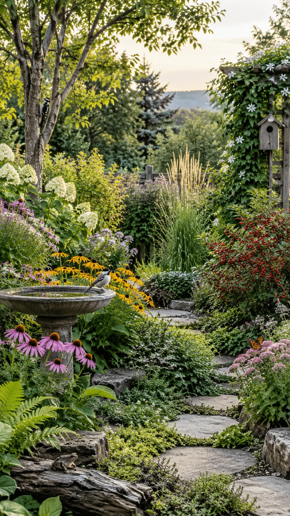 Wildlife habitat garden with flowering plants, berry shrubs, birdbath, birdhouse, butterfly, woodpecker, frog, ferns and a natural stone pathway