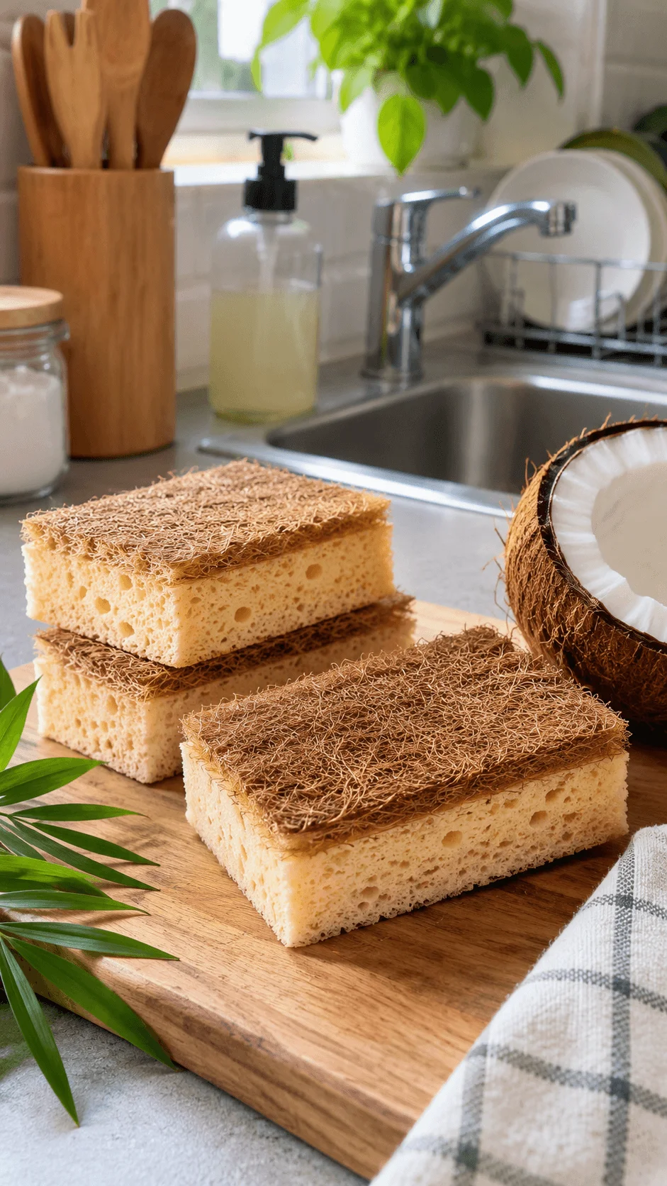 Cellulose and coconut plant based sponges with natural coconut fiber scrubbing layers arranged beside a kitchen sink and fresh coconut.