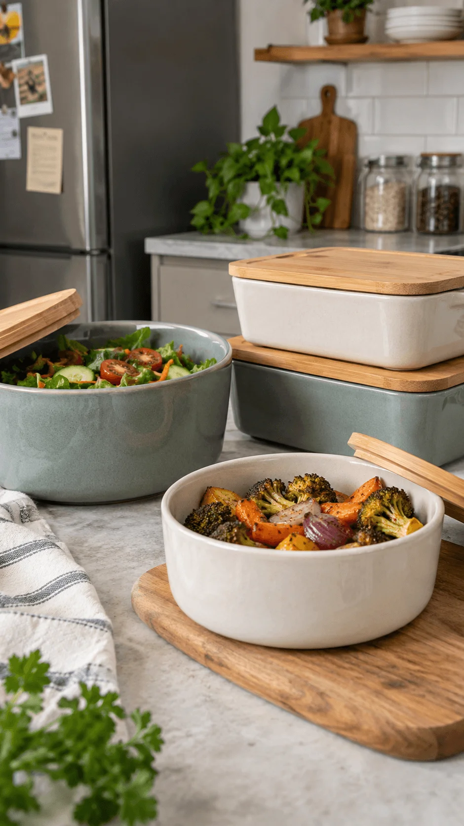 Ceramic and ceramic coated food storage containers with wooden lids alongside bowls of fresh salad and roasted vegetables in a sustainable kitchen