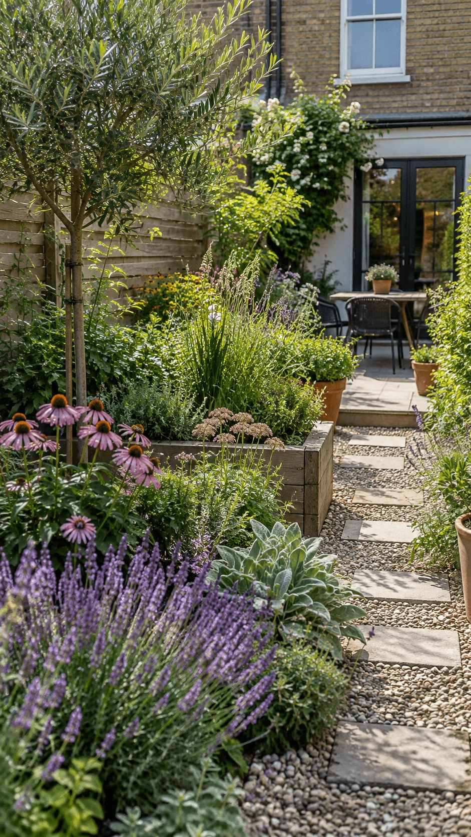Climate resilient terraced house garden with lavender coneflowers drought tolerant plants olive tree gravel path raised beds and outdoor seating