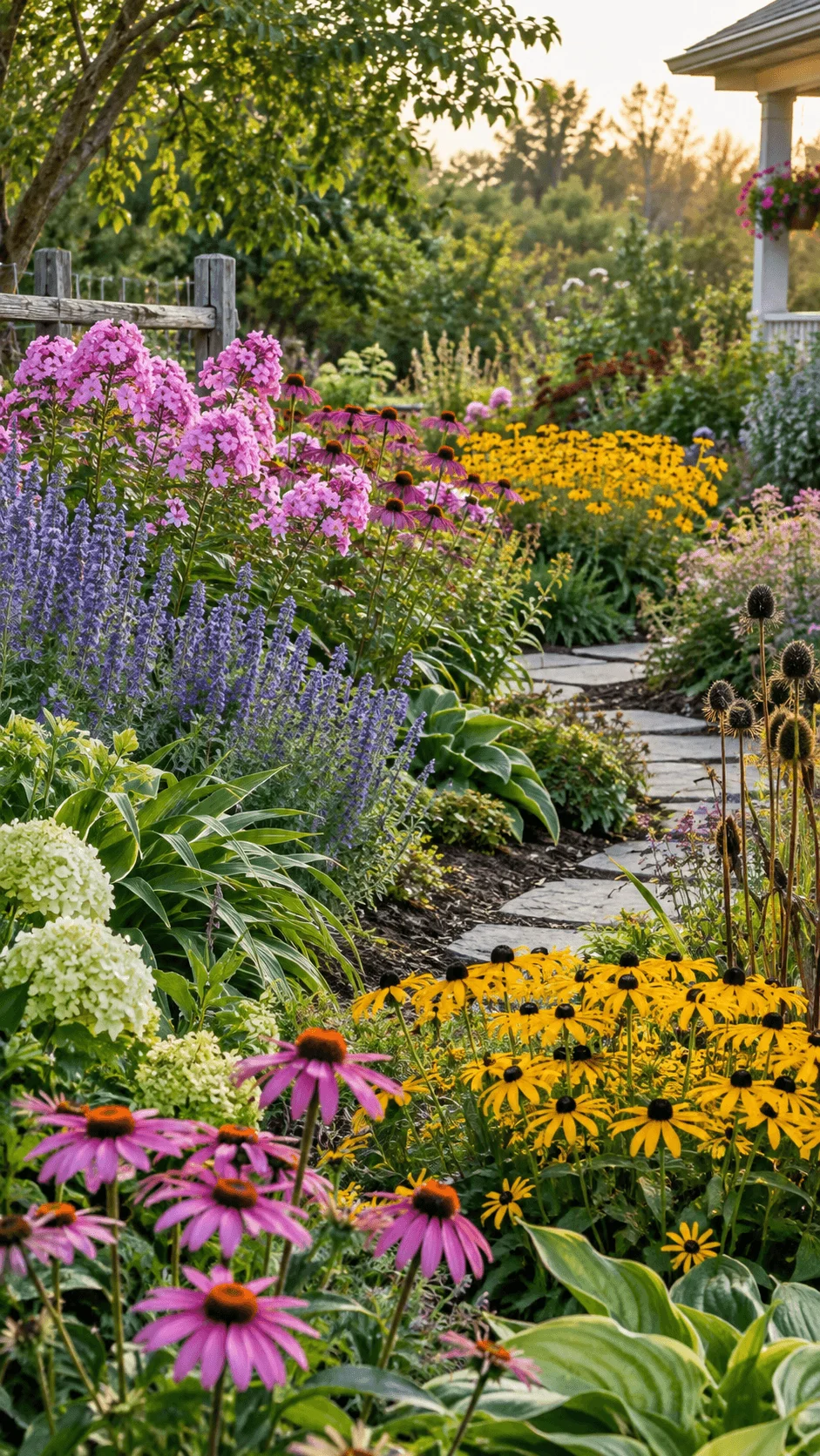 Pollinator friendly garden with continuous blooms, colorful coneflowers, black eyed Susans, purple flowering plants, lush foliage and a winding stone pathway