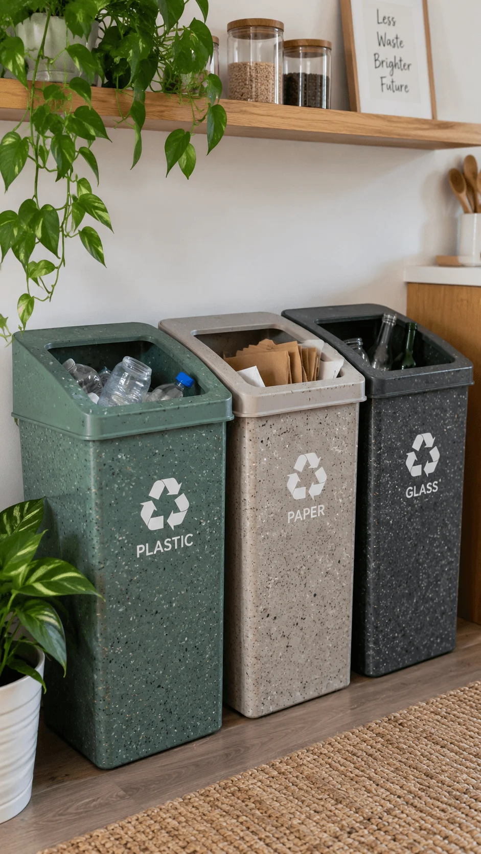 Eco friendly waste sorting bins made from recycled materials with separate containers for plastic paper and glass in a sustainable home interior
