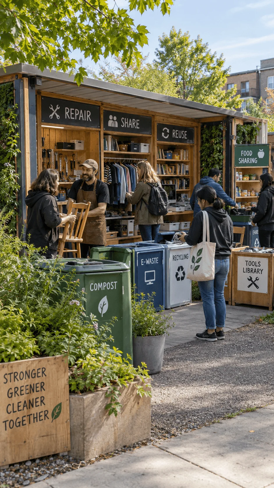 Circular neighborhood waste hub with repair reuse sharing food rescue composting recycling electronic waste collection and a community tool library