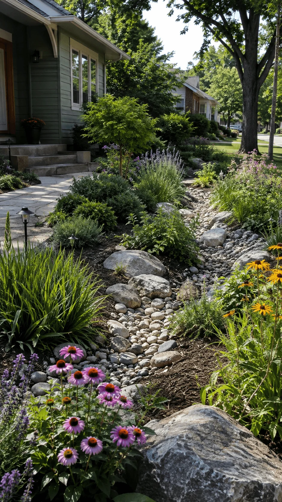 Climate resilient front yard landscaping with native flowers drought tolerant plants natural stone drainage channel and mature shade trees