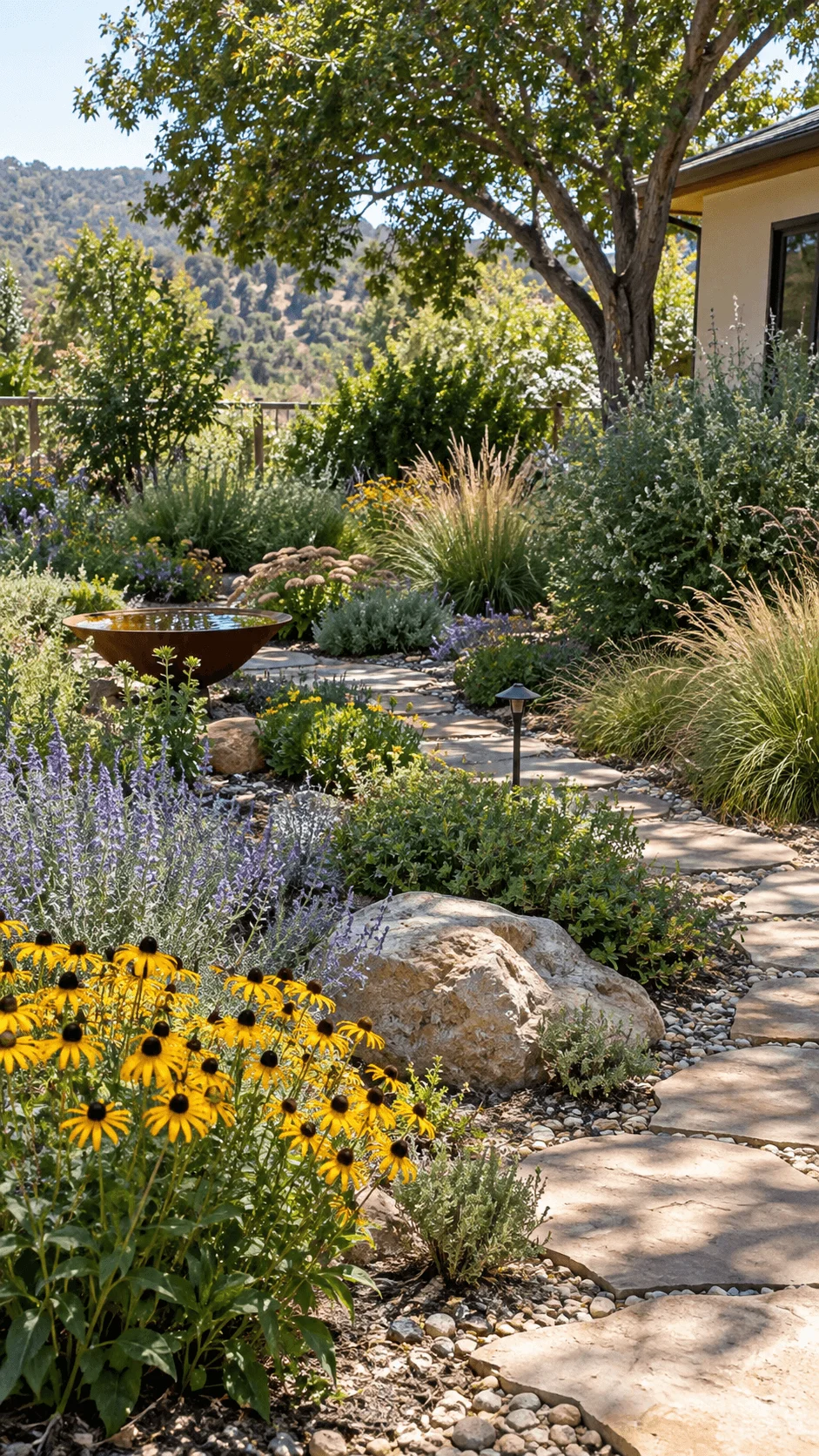 Climate resilient native garden with drought tolerant wildflowers, ornamental grasses, mature trees, natural stone pathway, rocks, and a small water feature