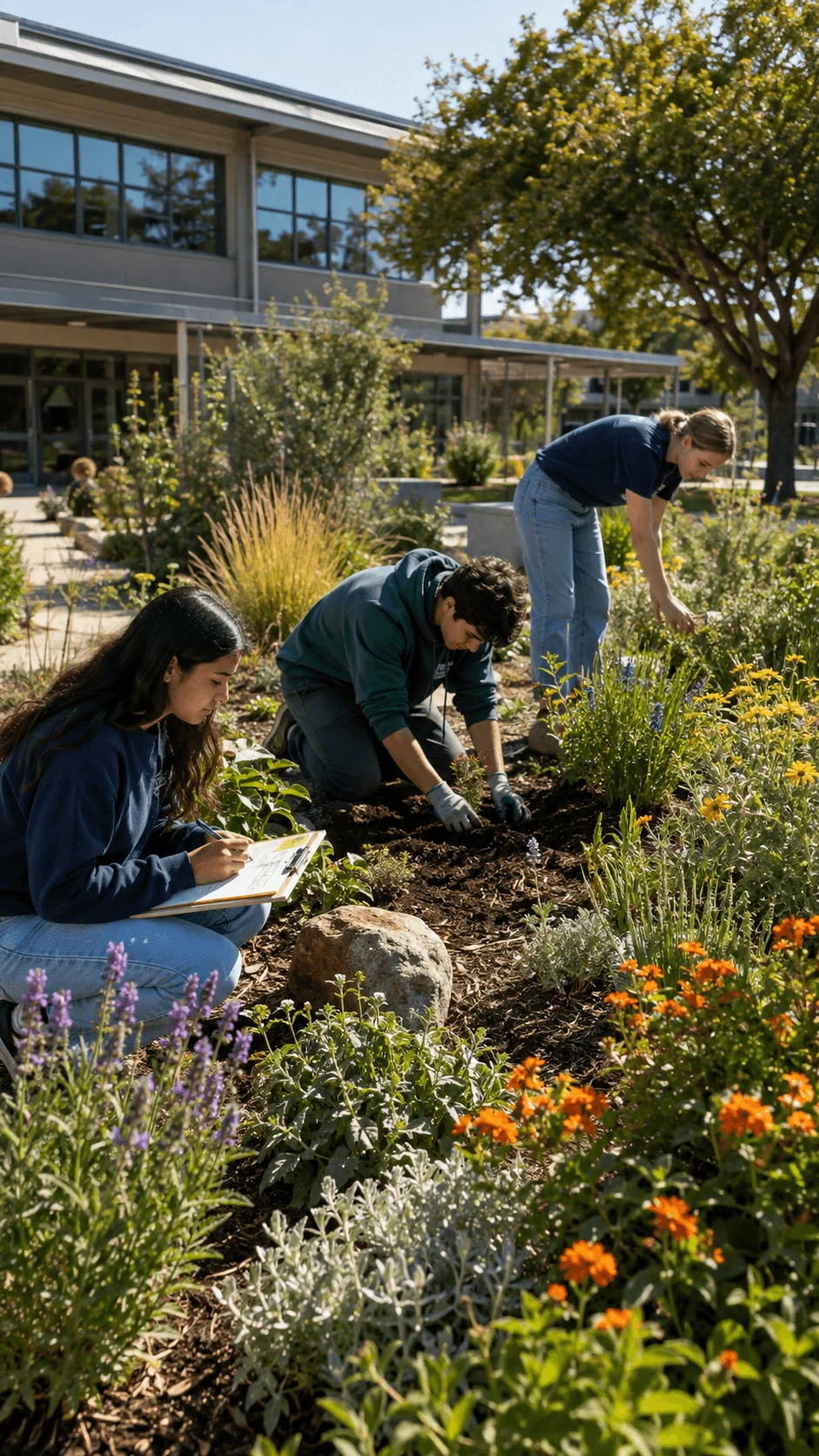 High school students planting and observing a climate resilient native plant garden with colorful drought tolerant flowers and grasses on school grounds