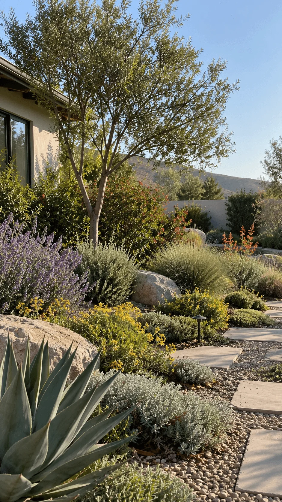Climate resilient native xeriscape garden with drought tolerant plants ornamental grasses purple and yellow flowers large natural rocks gravel and a stone pathway