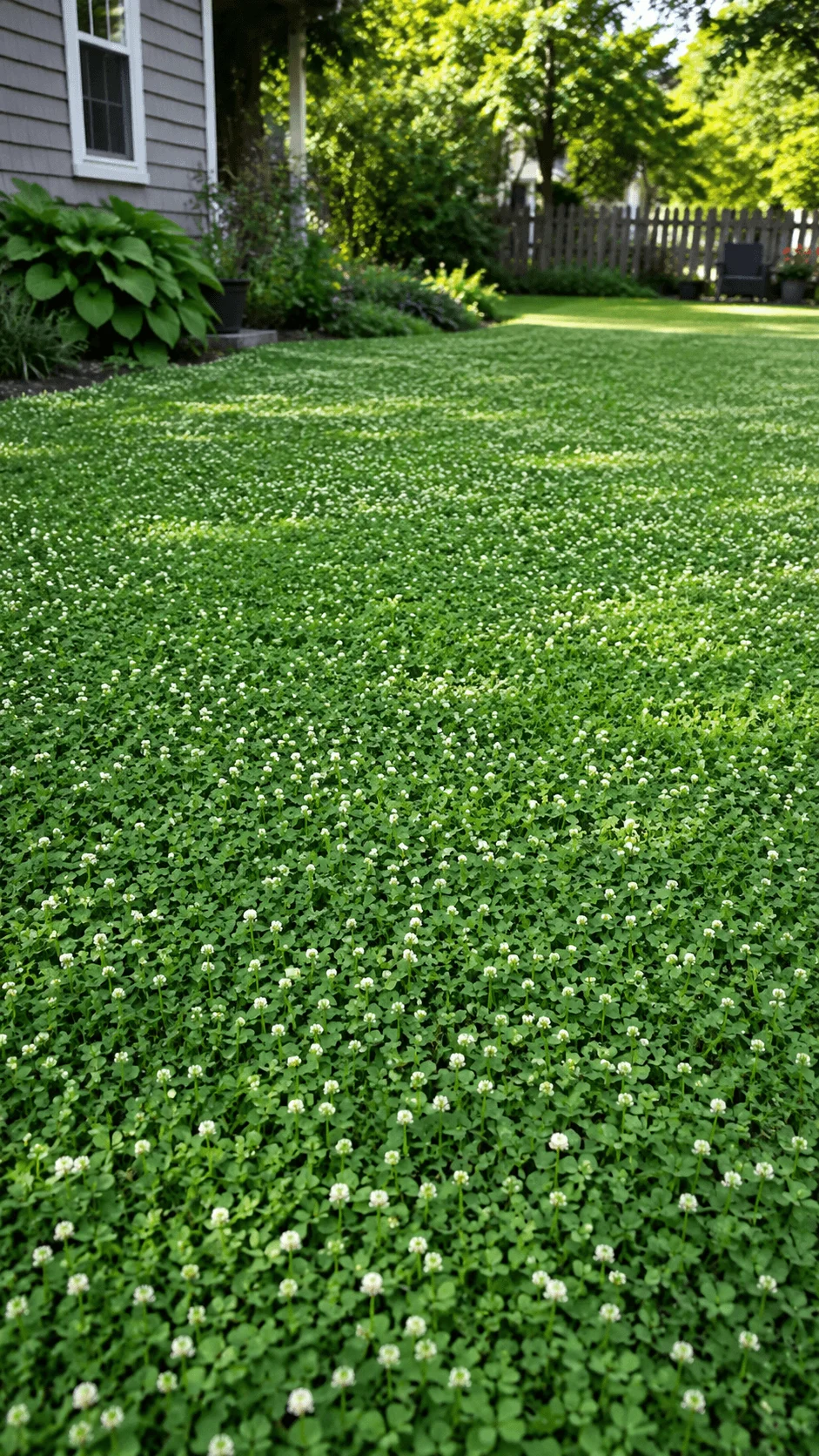 Clover and microclover living lawn with dense green foliage and small white flowers in a sustainable backyard garden