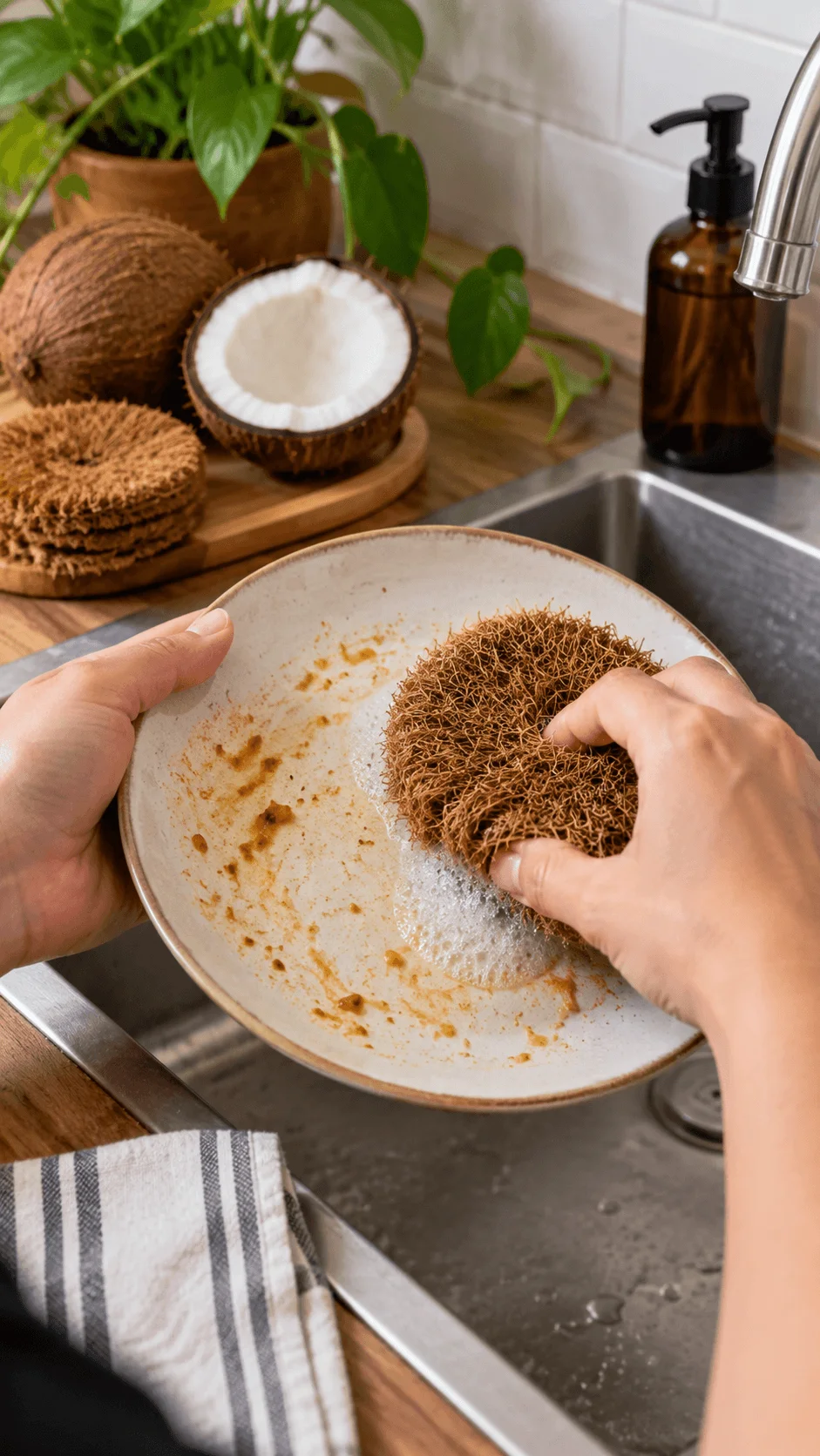 Coconut coir dish scrubber cleaning food residue from a plate beside a kitchen sink with natural coconut fiber scrubbers and fresh coconuts nearby.