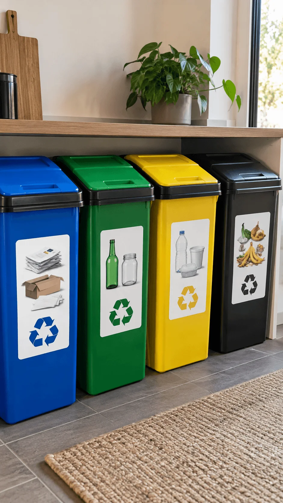 Color coded household waste sorting boxes with visual labels for paper glass plastic and food waste in a bright modern kitchen