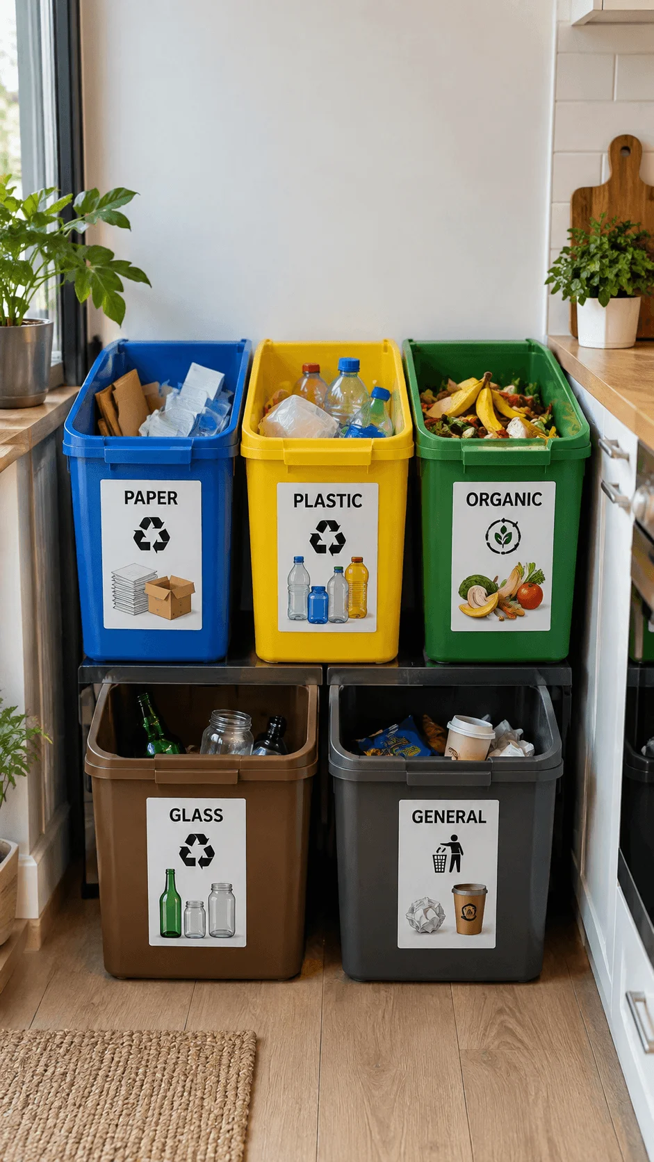 Color coded waste sorting baskets with visual labels for paper plastic organic waste glass and general household waste