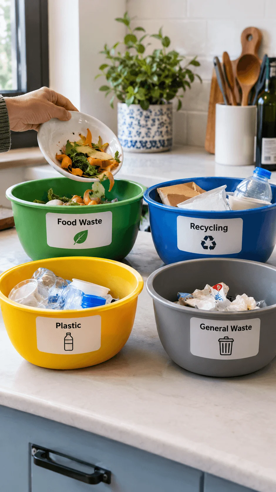 Color coded waste separation bowls for food waste recycling plastic and general waste in a kitchen