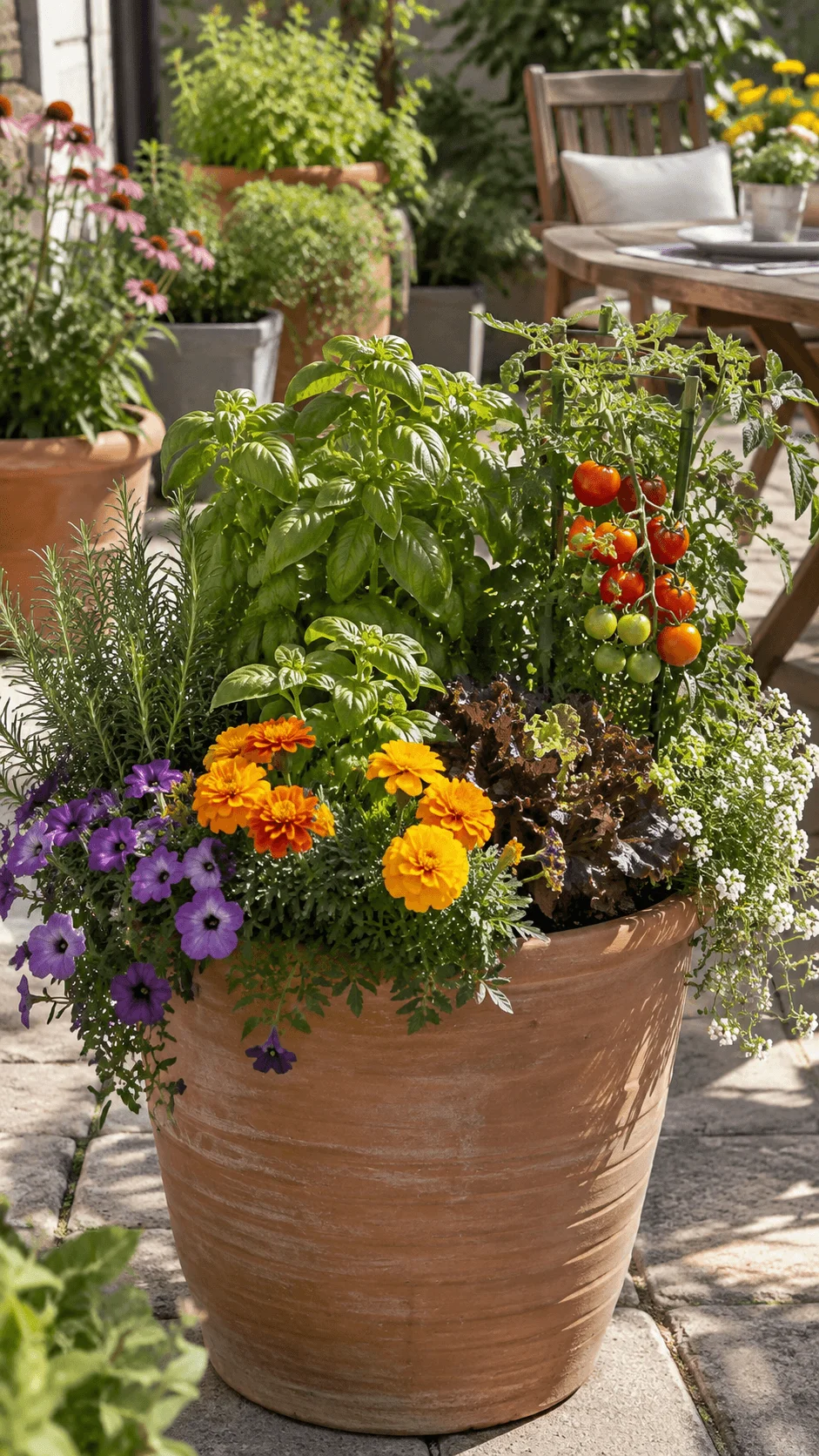 Edible container garden with basil rosemary tomatoes lettuce marigolds purple flowers and white pollinator blooms in a large terracotta pot