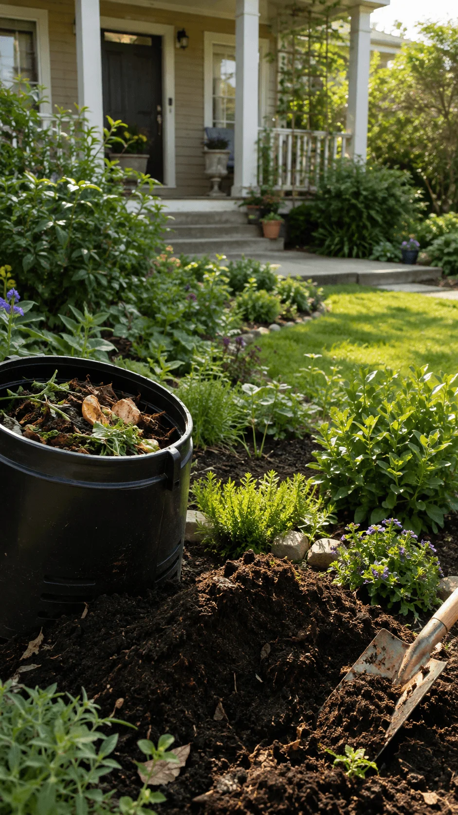 Compost fed front yard garden with organic compost bin rich soil flowering plants shrubs and a garden trowel