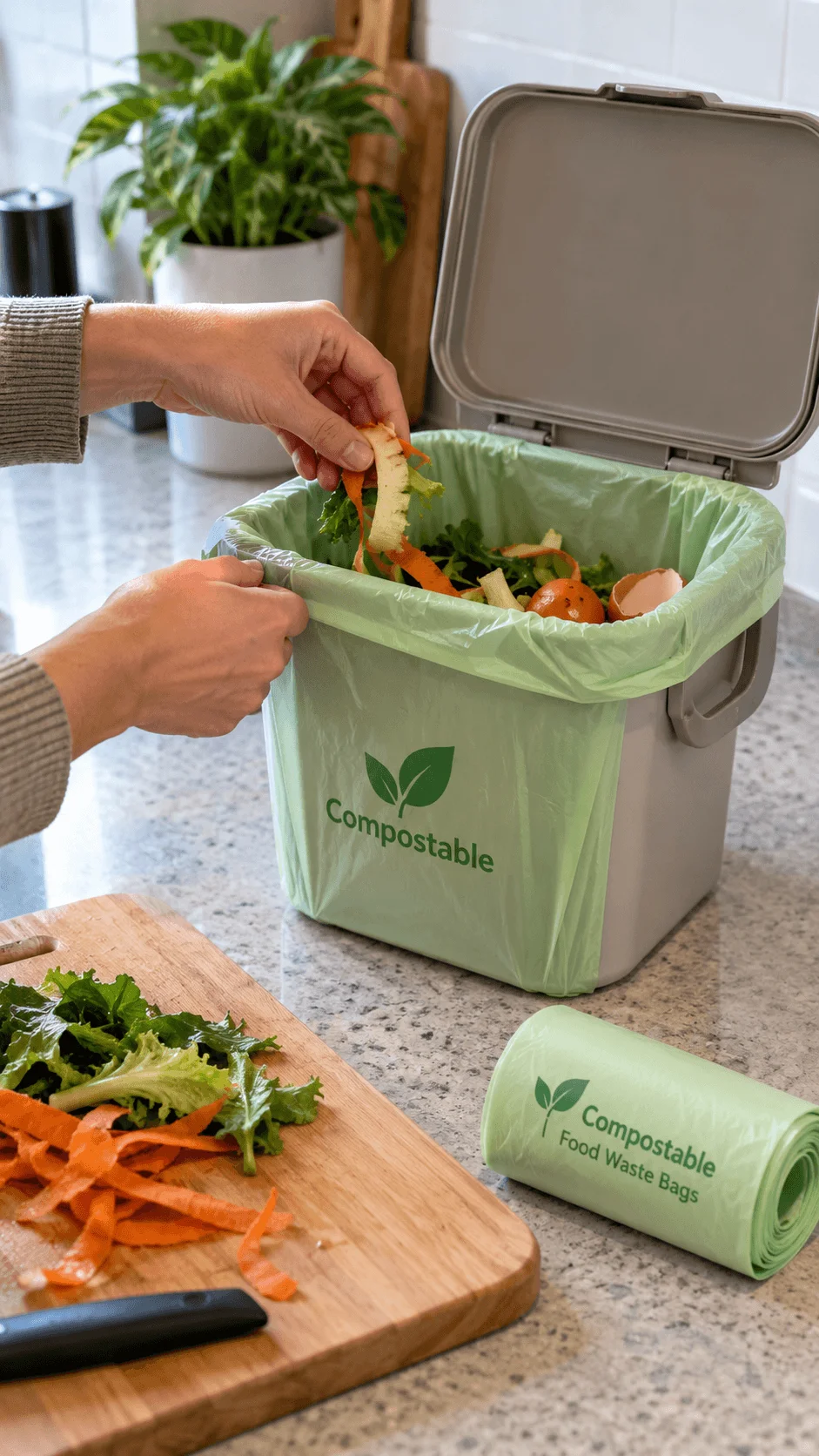 Compostable food waste sorting bag lining a kitchen caddy filled with vegetable peels eggshells and other food scraps