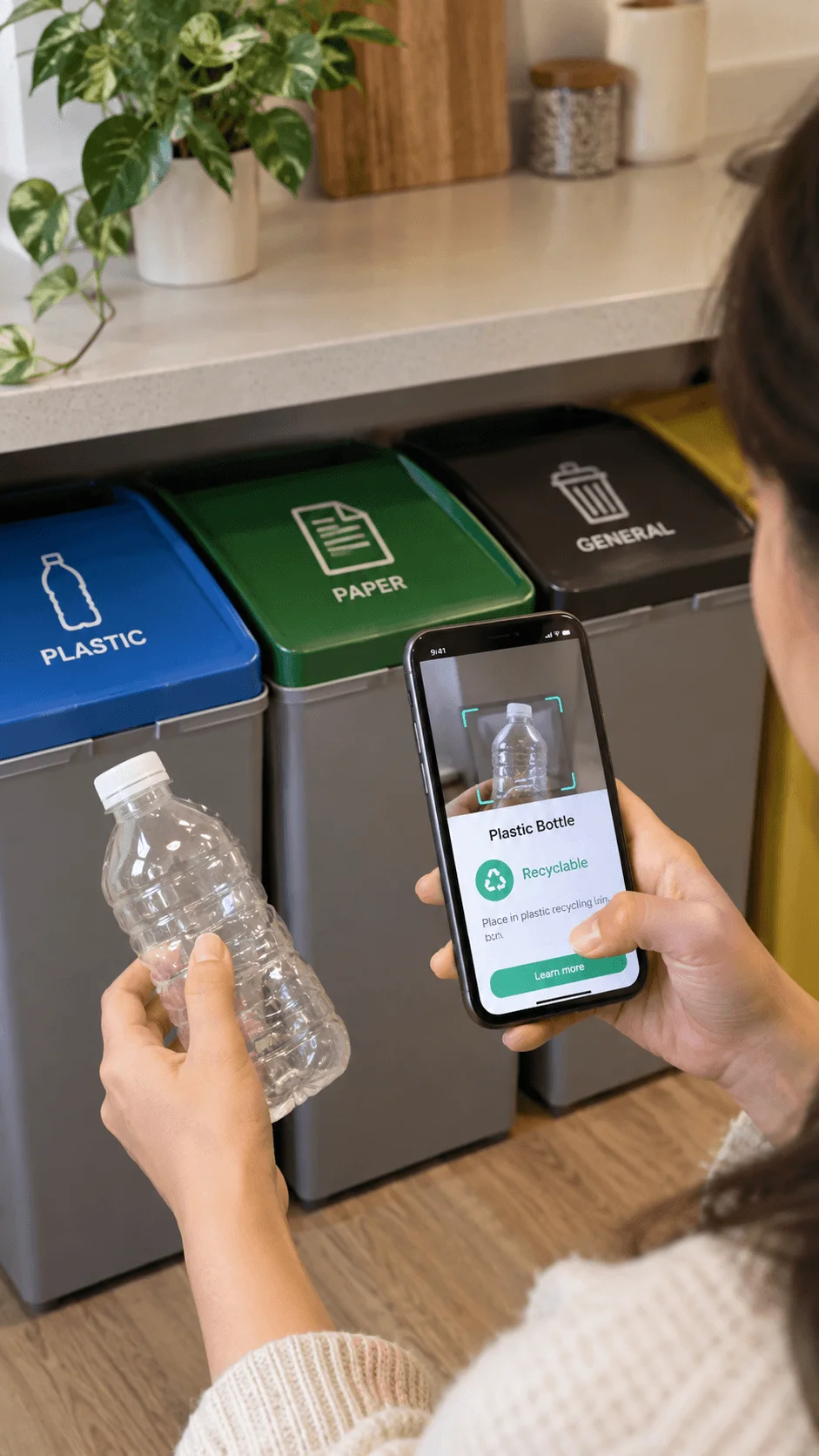Smartphone assisted waste sorting system identifying a plastic bottle as recyclable beside labeled household recycling bins