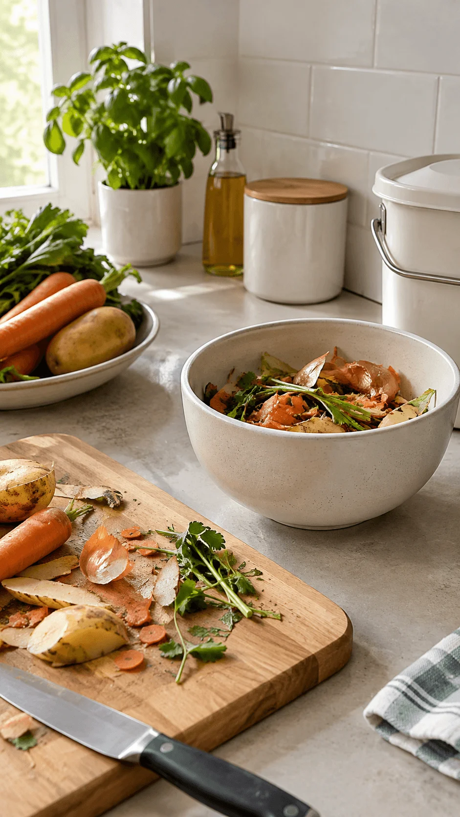 Countertop food scrap bowl with vegetable peels and kitchen waste on a modern countertop