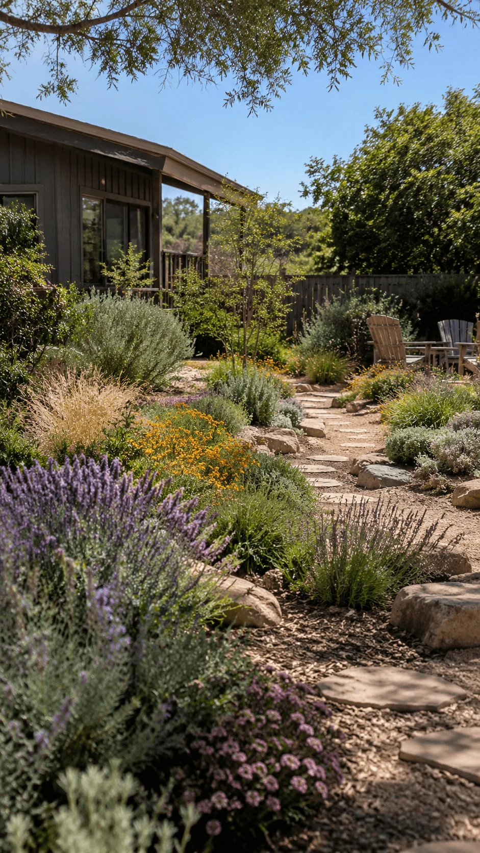 Climate resilient low maintenance native garden with drought tolerant flowering plants, ornamental grasses, natural stone pathways, shrubs, and a shaded backyard seating area
