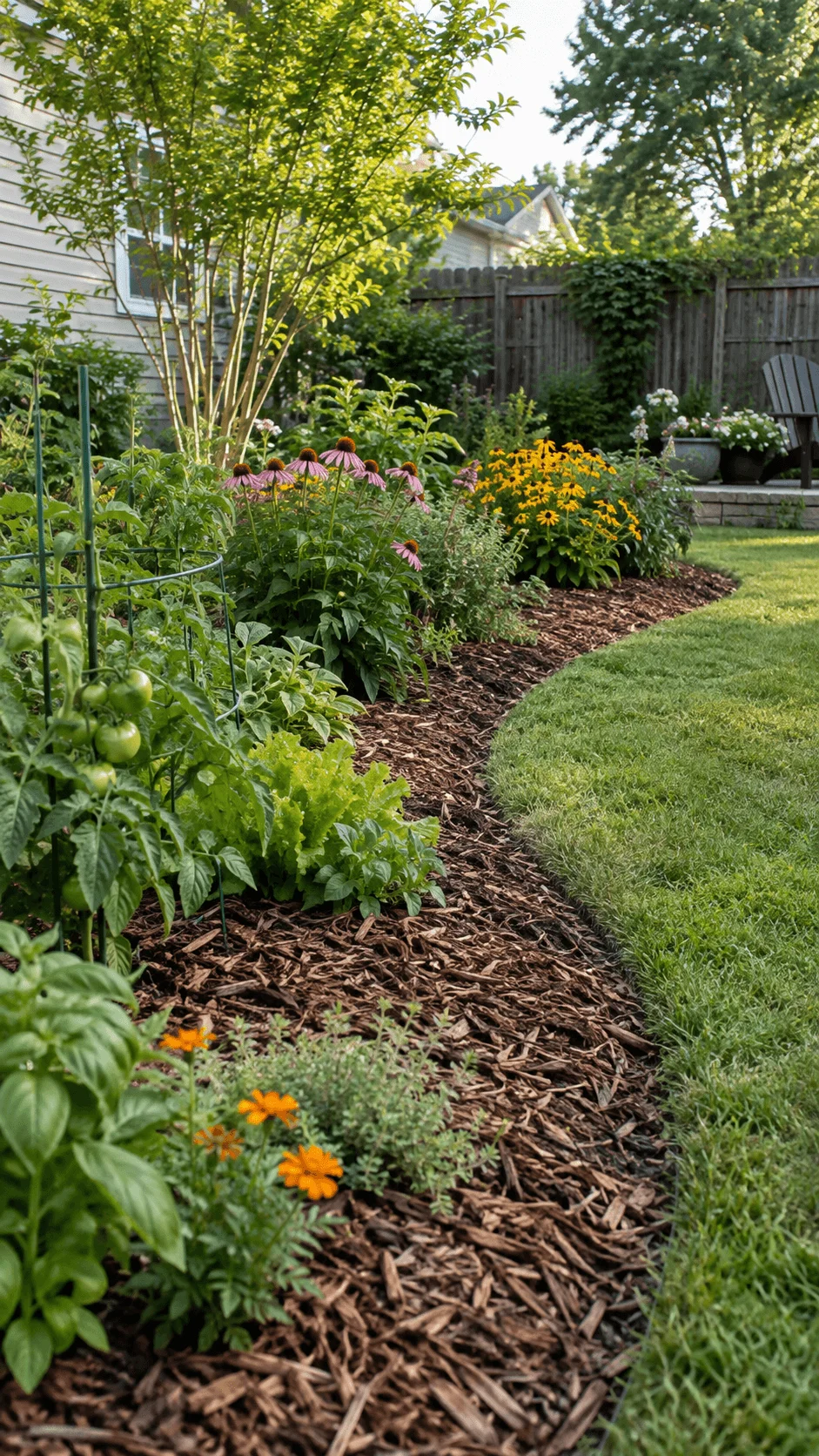 No dig garden bed replacing grass with organic mulch tomatoes leafy vegetables herbs colorful flowers and a small tree beside a curved lawn edge