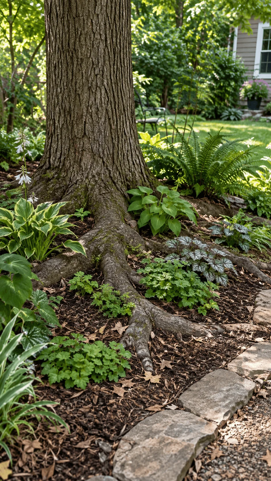 Root friendly planting pockets around exposed mature tree roots with hostas ferns groundcovers natural mulch and stone edging