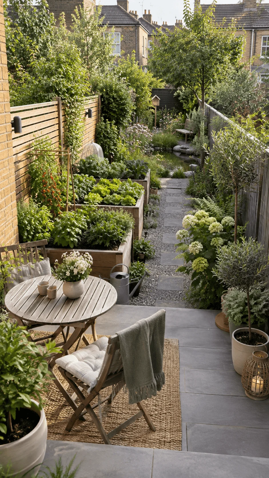 Botanical bento box terraced garden with raised vegetable beds lush planting gravel pathway wildlife pond and compact outdoor seating area