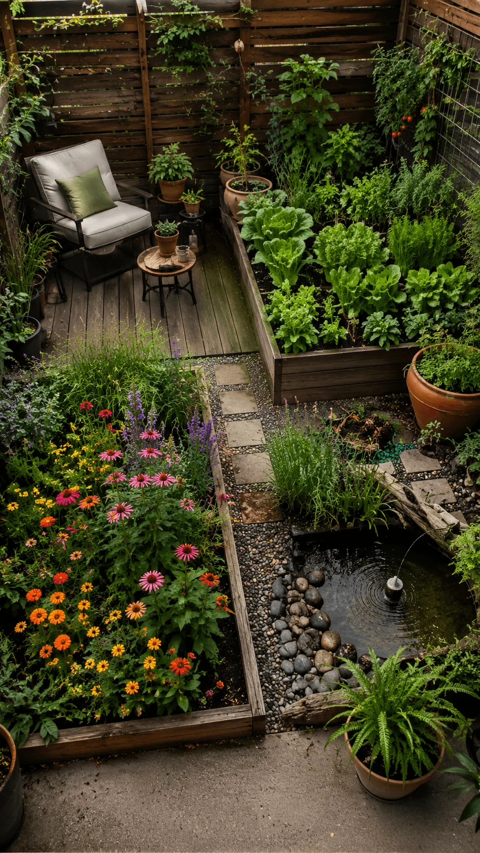 Botanical bento box garden with raised vegetable beds, colorful pollinator flowers, potted herbs, seating area and a small wildlife pond
