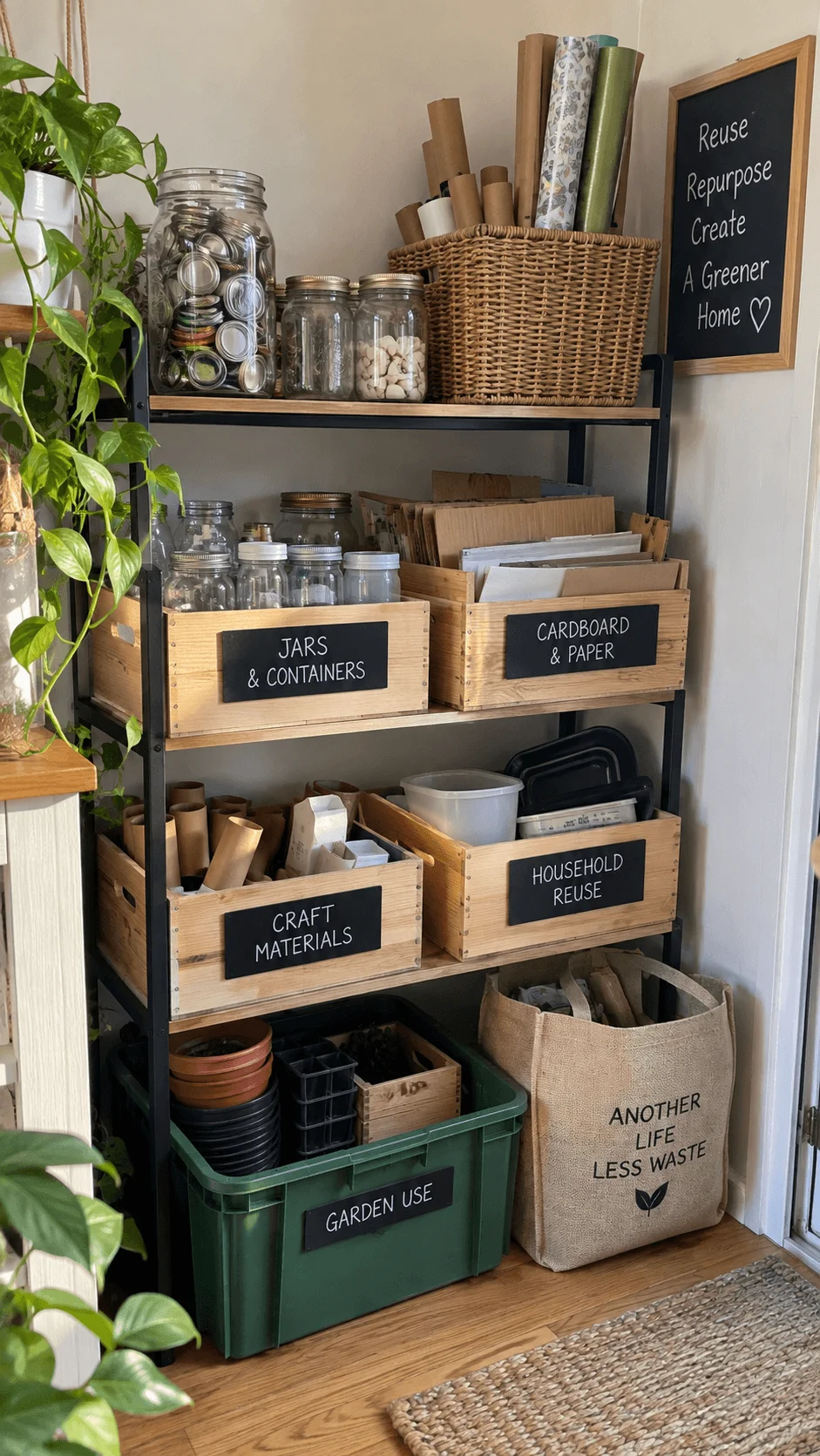 Circular recycling and upcycling station with organized jars cardboard craft materials household reuse items and garden containers for sustainable living.