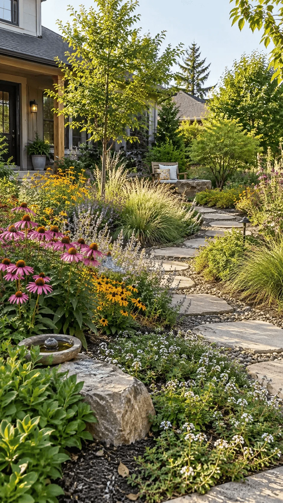 Climate resilient native garden replacing grass with colorful wildflowers ornamental grasses groundcovers trees natural stone pathways and a small wildlife water feature