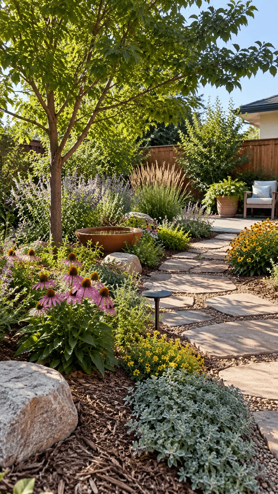 Climate resilient outdoor garden with drought tolerant flowers, ornamental grasses, shade tree, mulch, natural stone pathway, water feature and layered native planting
