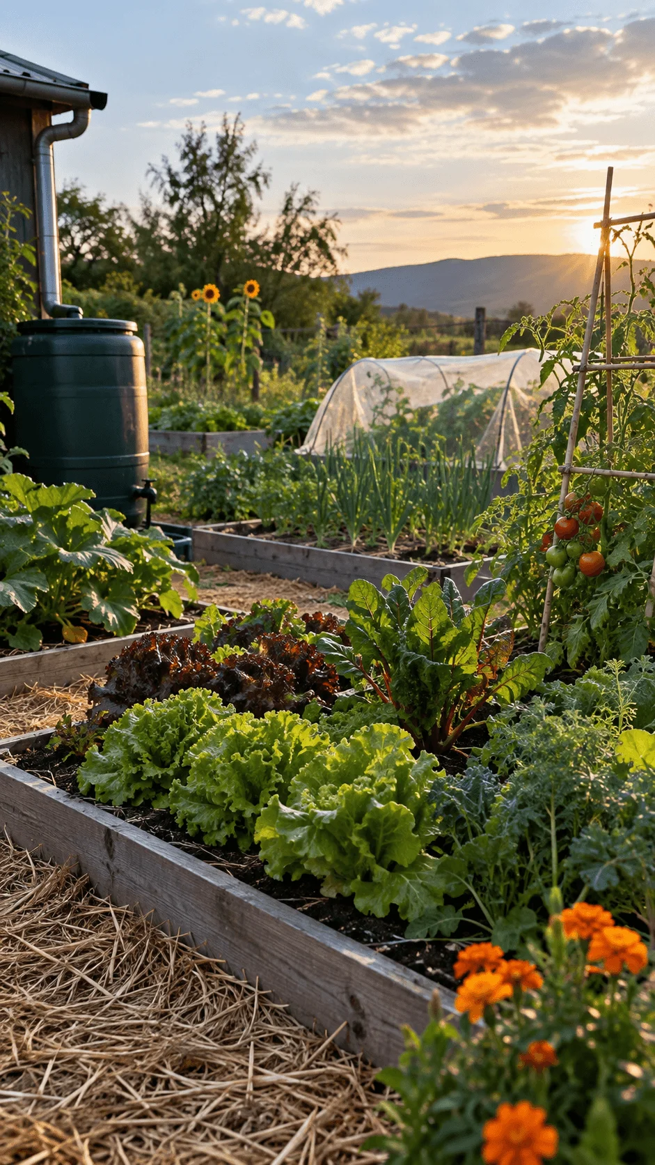 Climate resilient vegetable garden with raised beds, leafy greens, tomatoes, marigolds, straw mulch, rain barrel, protective crop cover, and sunflowers at sunset