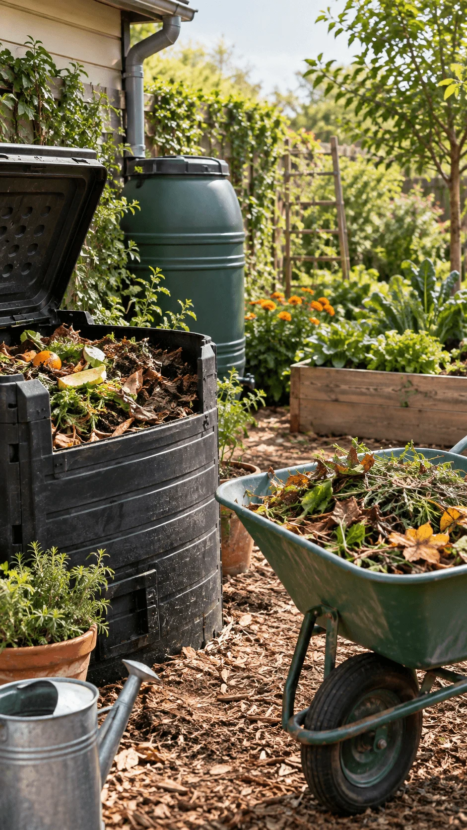 Closed loop sustainable garden with compost bin, rain barrel, raised vegetable beds, wheelbarrow filled with garden waste and organic materials for recycling nutrients